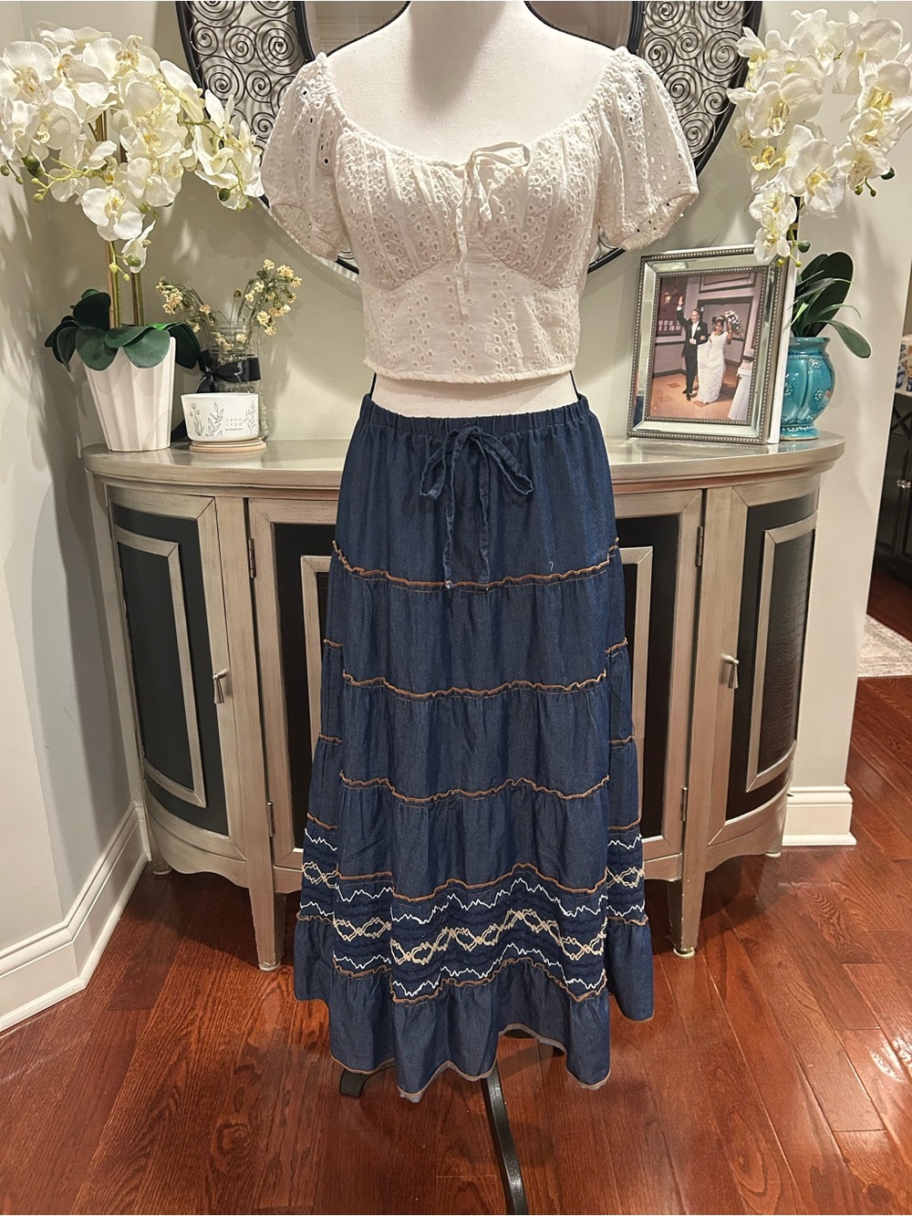 Metro Wear Navy Tiered Maxi Skirt with Embroidered Trim